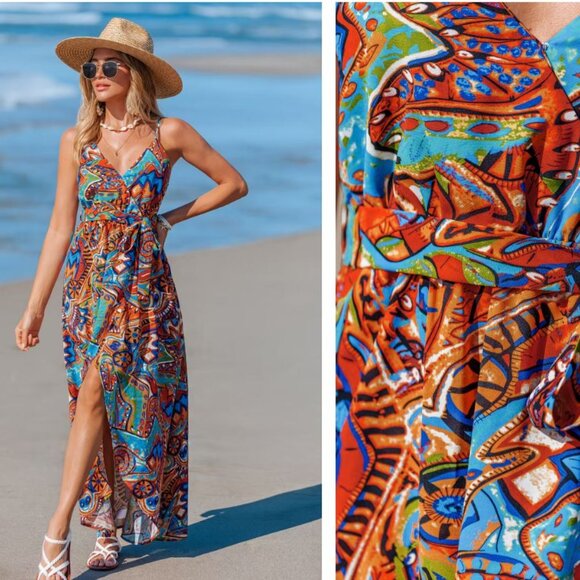 NWT Cupshe | Abstract Rhythm Multicolor Maxi Dress Orange & Blue | Size Large - Picture 1 of 14